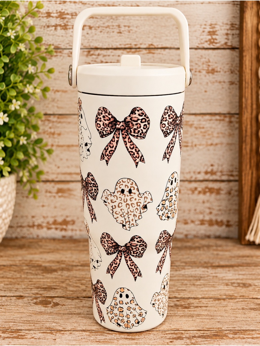Hydrapeak Limited Edition Leopard Bow & Ghost Travel Tumbler - Cream